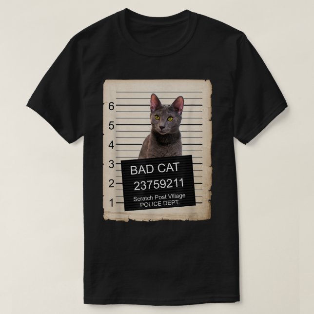 Russian Blue Kitten mug shot bad Cat  T-Shirt (Design Front)