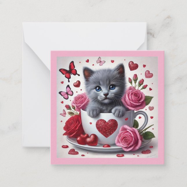 Russian Blue Kitten Valentine's Day Classroom  Card (Front)