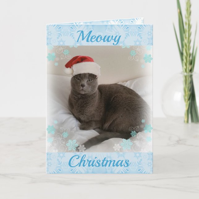 Russian Blue. Meowy Christmas. Holiday Card (Front)
