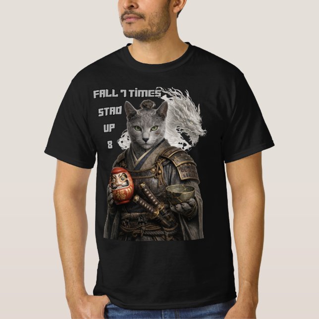 Russian Blue Samurai Cat T-Shirt (Front)