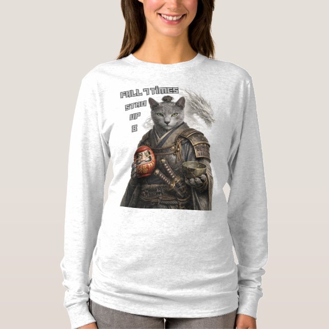 Russian Blue Samurai Cat T-Shirt (Front)