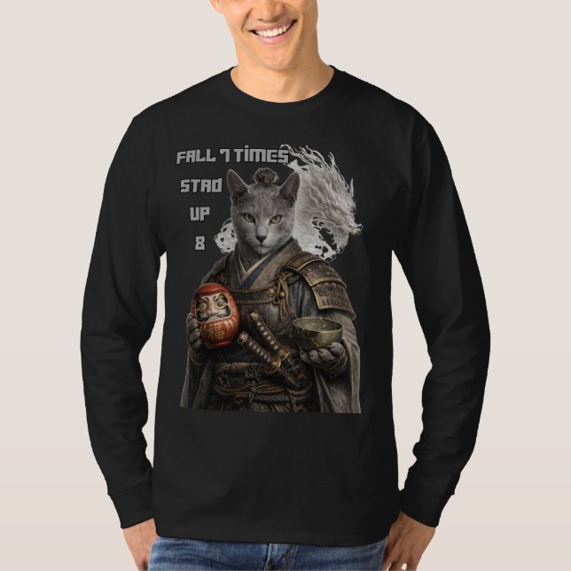 Russian Blue Samurai Cat T-Shirt (Front)