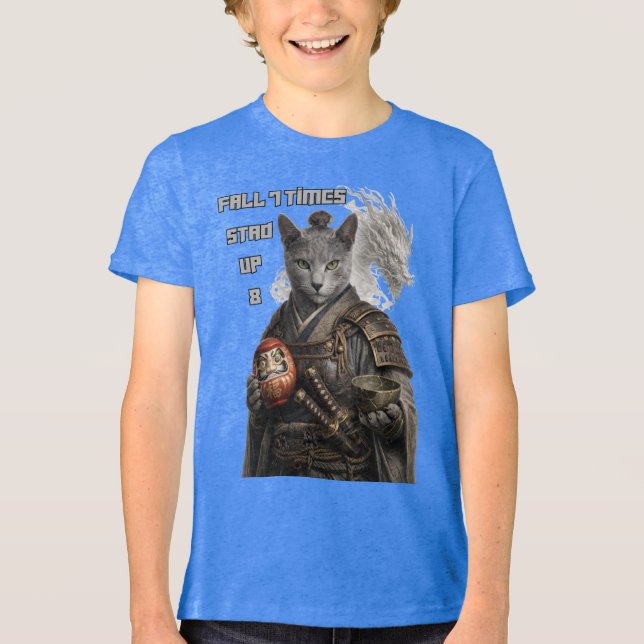 Russian Blue Samurai Cat Tri-Blend Shirt (Front)