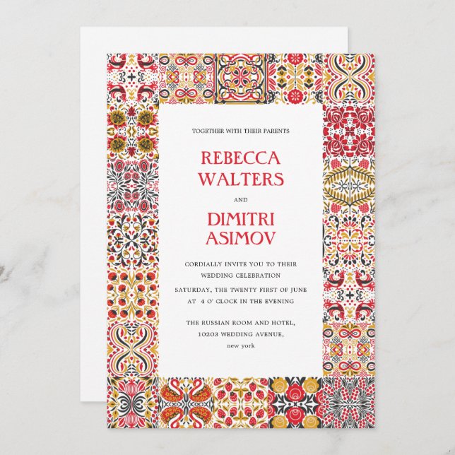 Russian Folk Art  Khokhloma Border  Wedding Invitation (Front/Back)