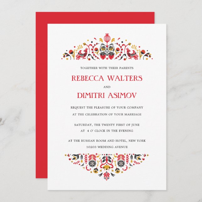 Russian  Folk Art  Khokhloma Flower Wedding Invita Invitation (Front/Back)