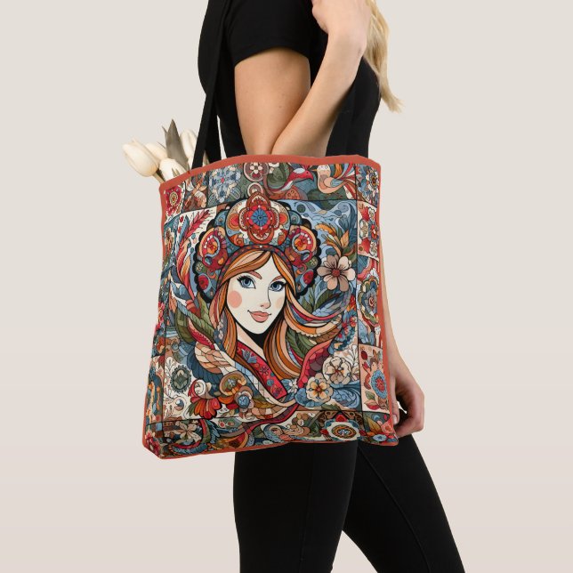 Russian Folk Art Patchwork Bohemian Chic Red Blue Tote Bag (Close Up)