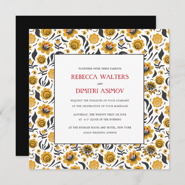 Russian  Folk Art Yellow Flowers Wedding Invitation (Front/Back)