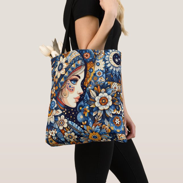 Russian Folklore Gzhel Bohemian Chic Fashion art Tote Bag (Close Up)
