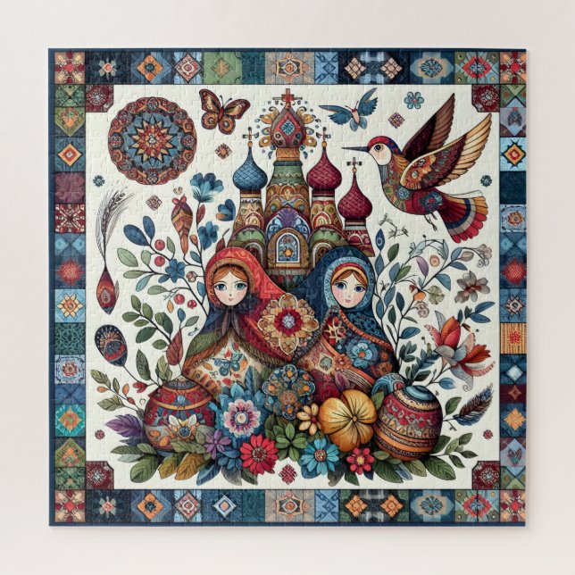 Russian Folklore Matryoshka Boho Chic Floral Jigsaw Puzzle (Vertical)