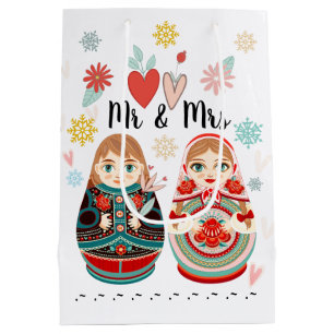 Russian Matryoshka Dolls Mr & Mrs Personalised Medium Gift Bag