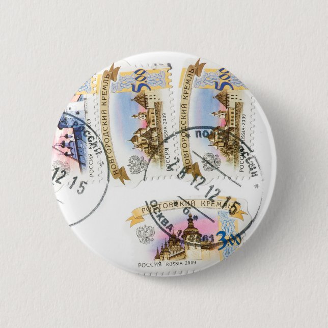 Russian stamps 6 cm round badge (Front)