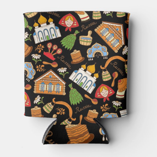 Russian Symbols: Coloured Vintage Pattern. Can Cooler (Front)