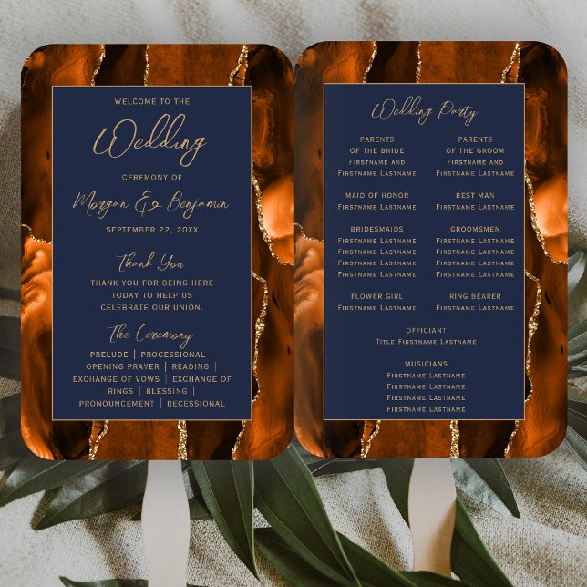 Rust Agate Navy Blue Gold Script Wedding Program Hand Fan (Creator Uploaded)