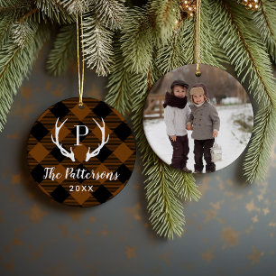 Rust and Black Plaid Rustic Antler Monogram Photo Ceramic Tree Decoration