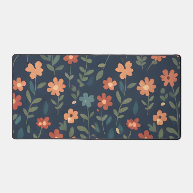 Rust and Coral Daisy Field on Navy Blue Desk Mat (Front)