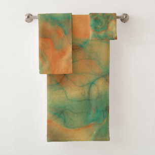 Rust and Sea Green Marble abstract Bath Towel Set