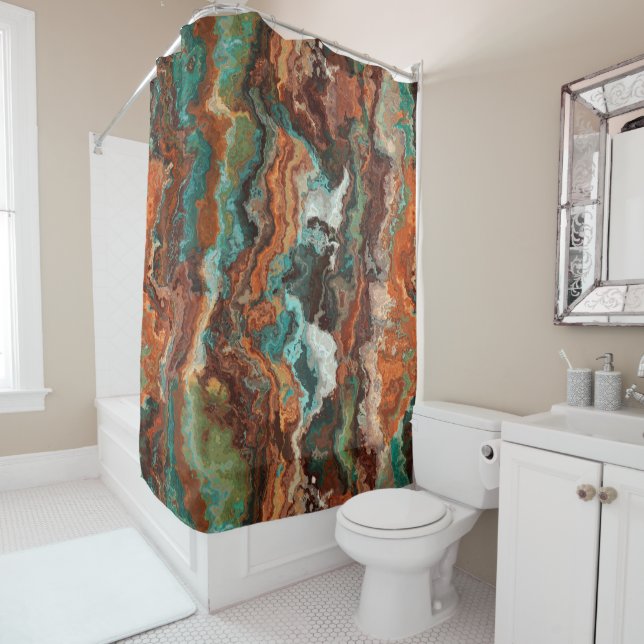 Rust and Turquoise Abstract Shower Curtain (In Situ)