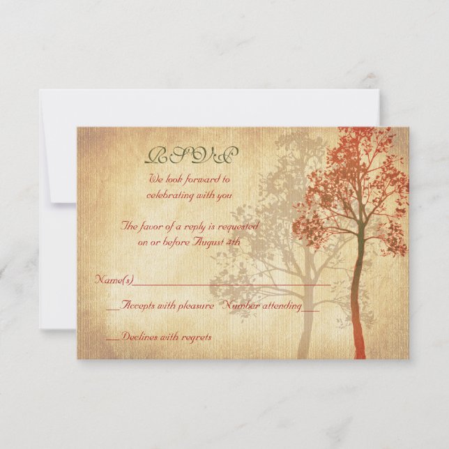 Rust Autumn Fall Tree Wedding RSVP Reply Card (Front)