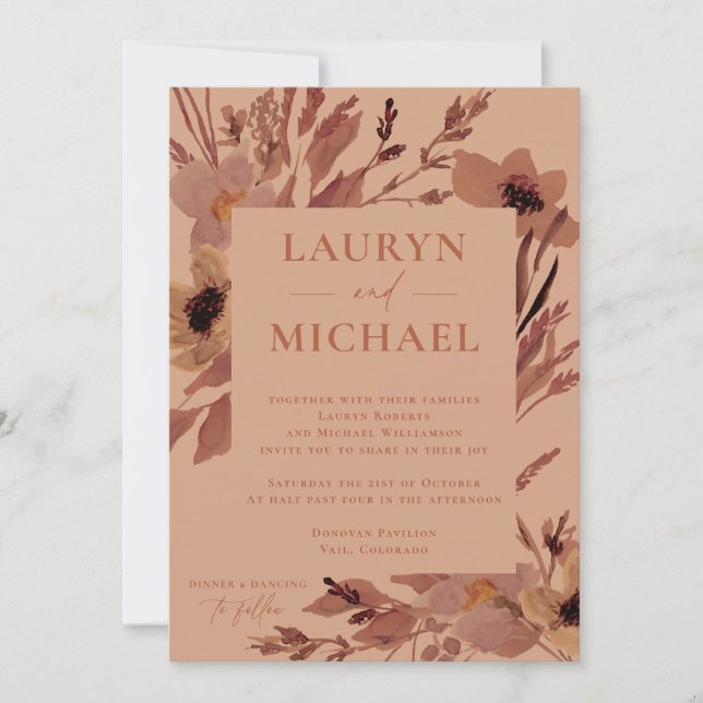 Rust Autumn Watercolor Blooms Wedding Invitation (Front)