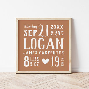 Rust Baby Boy Birth Stats Keepsake Poster