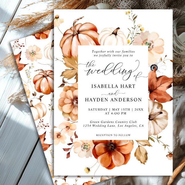 Rust Beige Boho Fall Earthy Floral Pumpkin Wedding Invitation (Creator Uploaded)