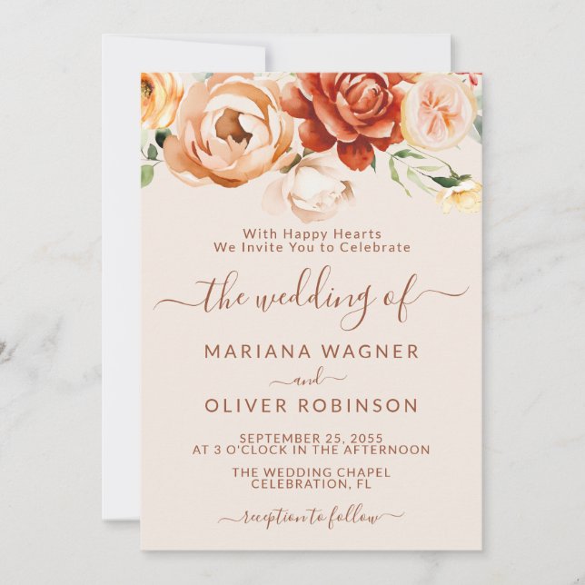 Rust Beige Elegant Floral Wedding Invitation (Front)