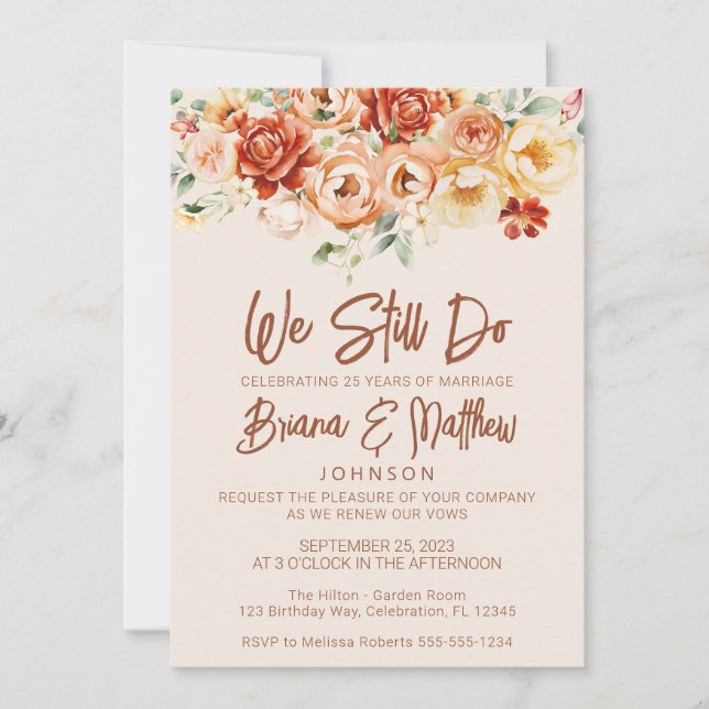 Rust Beige Floral Wedding Vow Renewal Invitation (Front)