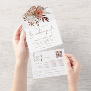 Rust Boho Florals Brown Writing QR All In One Invitation