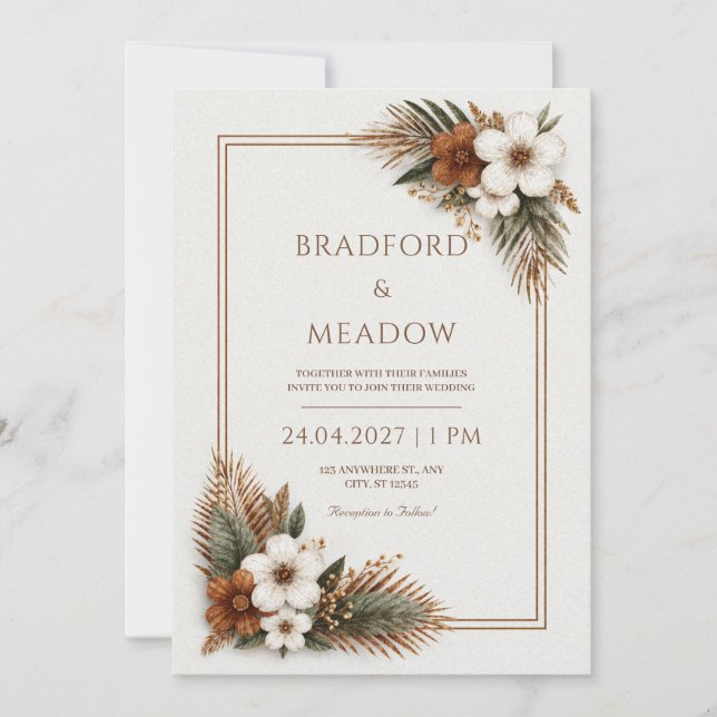 Rust Bronzed Palm Earthy Botanical Frame Wedding Invitation (Front)