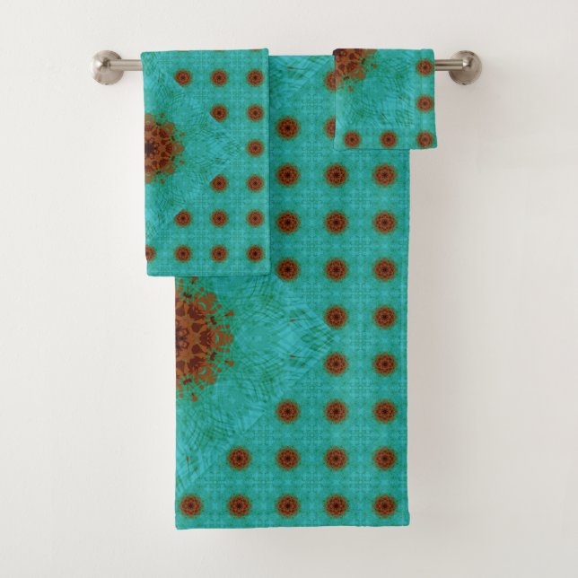 Rust Brown and Teal Green Mandala Tile Bath Towel Set (Insitu)