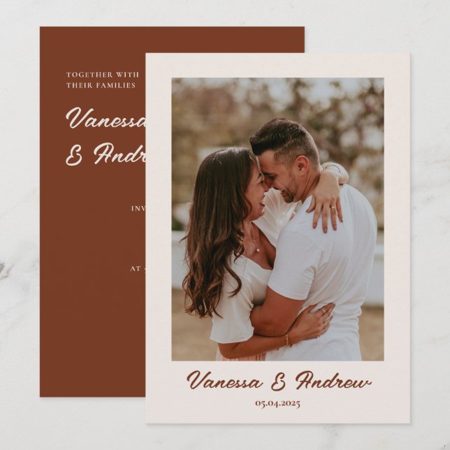 Rust Brown Boho Minimalist Photo Wedding Invitation (Front/Back)