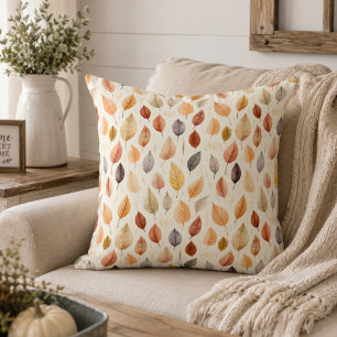 Rust Brown Cream Grey Fall Leaves Cosy Farmhouse Cushion