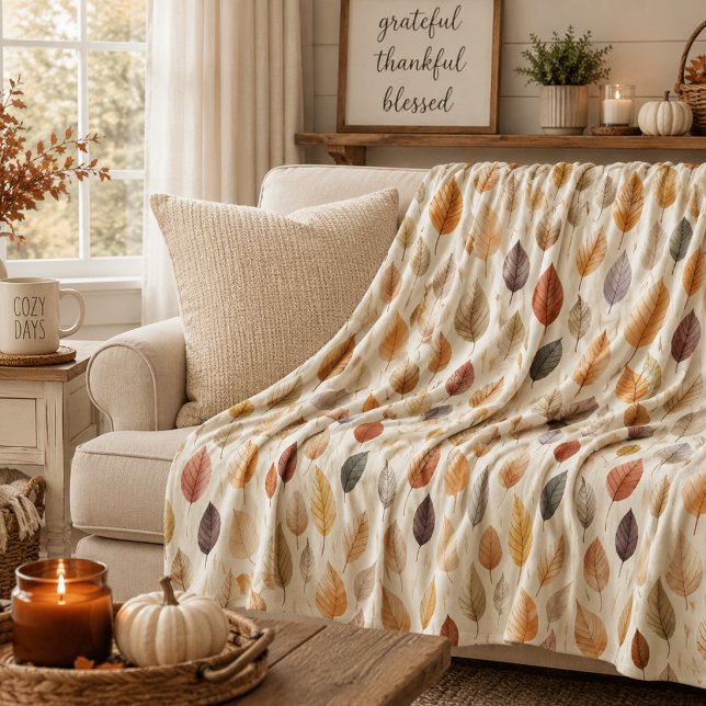 Rust Brown Cream Grey Fall Leaves Modern Farmhouse Fleece Blanket (Creator Uploaded)