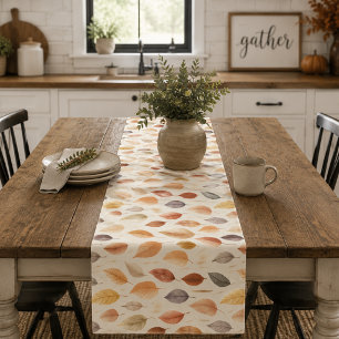 Rust Brown Cream Grey Fall Leaves Modern Farmhouse Short Table Runner