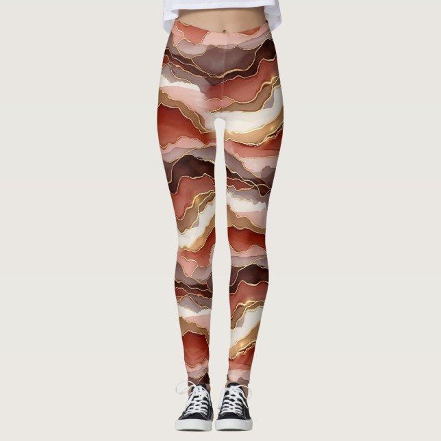 Rust Brown Gold Marble Contemporary Leggings (Front)