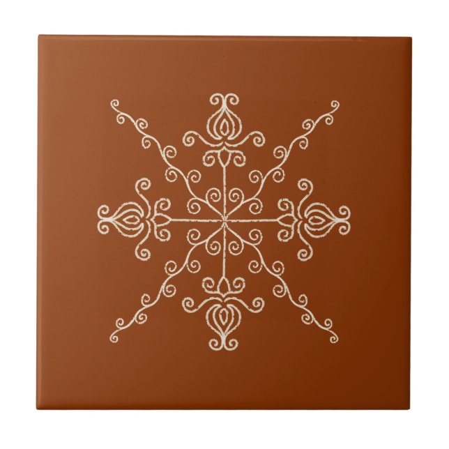 Rust Brown Indian Boho Line Art Symmetry Pattern Tile (Front)