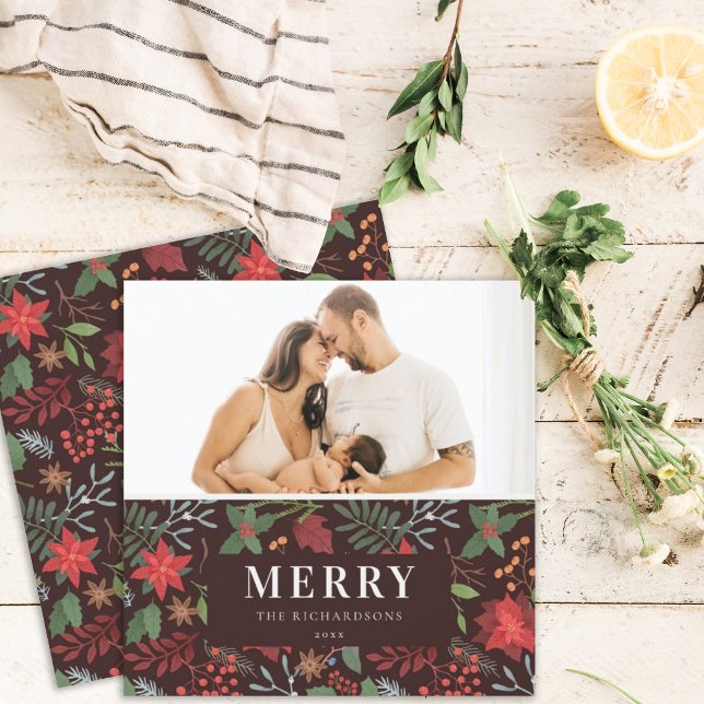 Rust Brown Merriest Christmas Floral Pattern Photo Holiday Card (Creator Uploaded)