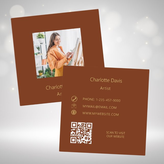 Rust brown photo QR code Square Business Card (Creator Uploaded)