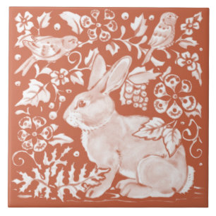 Rust Brown Rabbit Bunny Bird Woodland Rustic  Tile