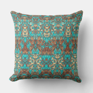 Rust Brown Turquoise Green Ornate Scratch Damask Cushion