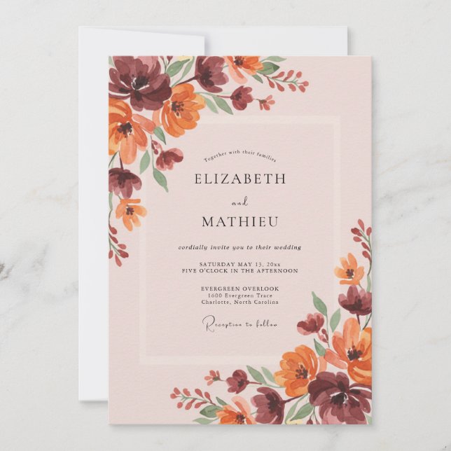 Rust Burgundy Leafy Wedding Invitation (Front)