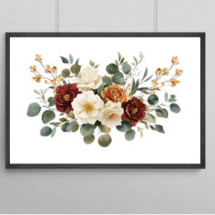 Rust Burgundy Terracotta Cream Florals Botanicals  Poster