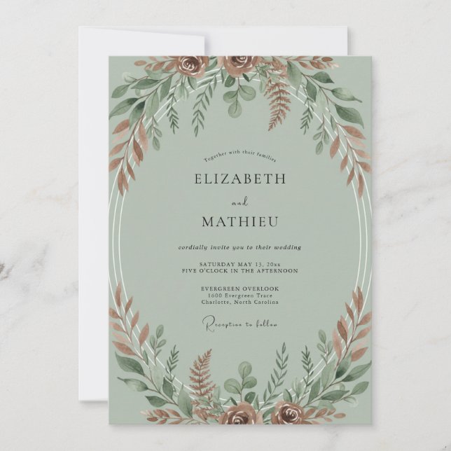 Rust Celadon Leafy Wedding Invitation (Front)