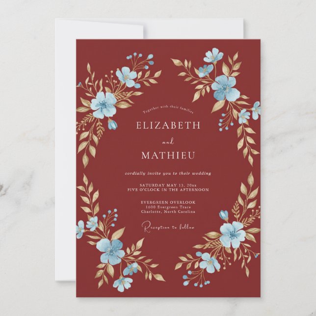 Rust Cerulean Leafy Wedding Invitation (Front)