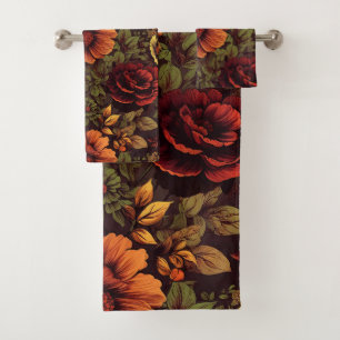 Rust Color Vintage Floral Print Bath Towel Set