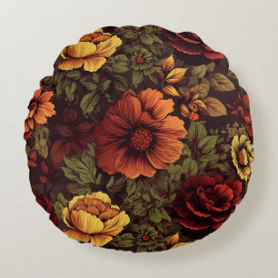 Rust Color Vintage Floral Print Round Cushion