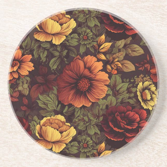 Rust Colour Vintage Floral Print Coaster (Front)