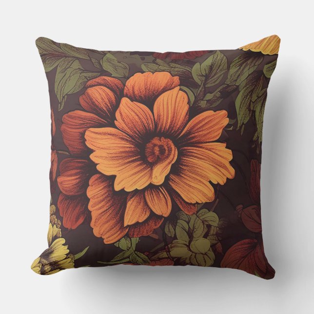 Rust Colour Vintage Floral Print Cushion (Front)