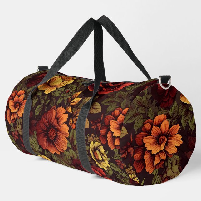 Rust Colour Vintage Floral Print Duffle Bag (Left Corner)
