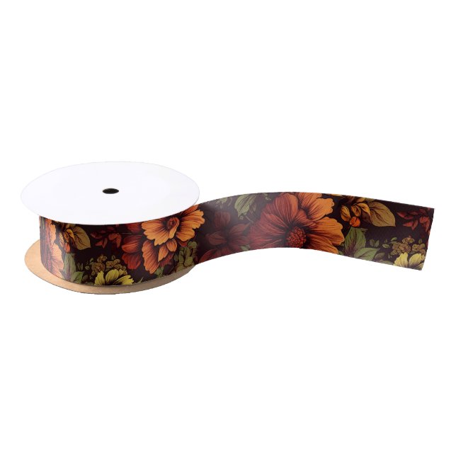 Rust Colour Vintage Floral Print Satin Ribbon (Spool)